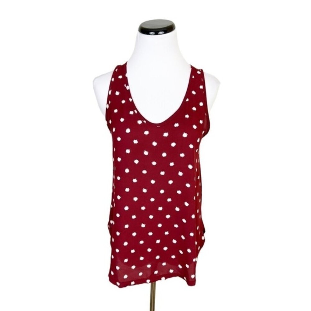 Loft Scoop Neck Sleeveless Blouse XS Splatter Polka Dot White Burgundy Tank Top
